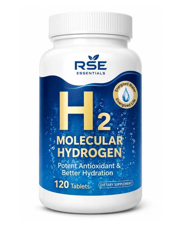 Supplement bottle labeled 'H2 Molecular Hydrogen' by RSE Essentials on a white background
