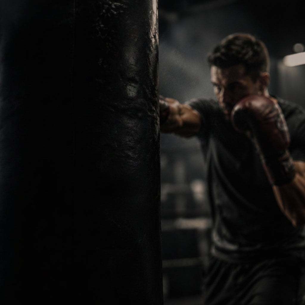 Promotional graphic for a boxing training bag, featuring a blurred boxer punching on the right and bold text on the left reading 'MEN'S VALITY' and 'UNLOCK YOUR POTENTIAL' in white and orange.