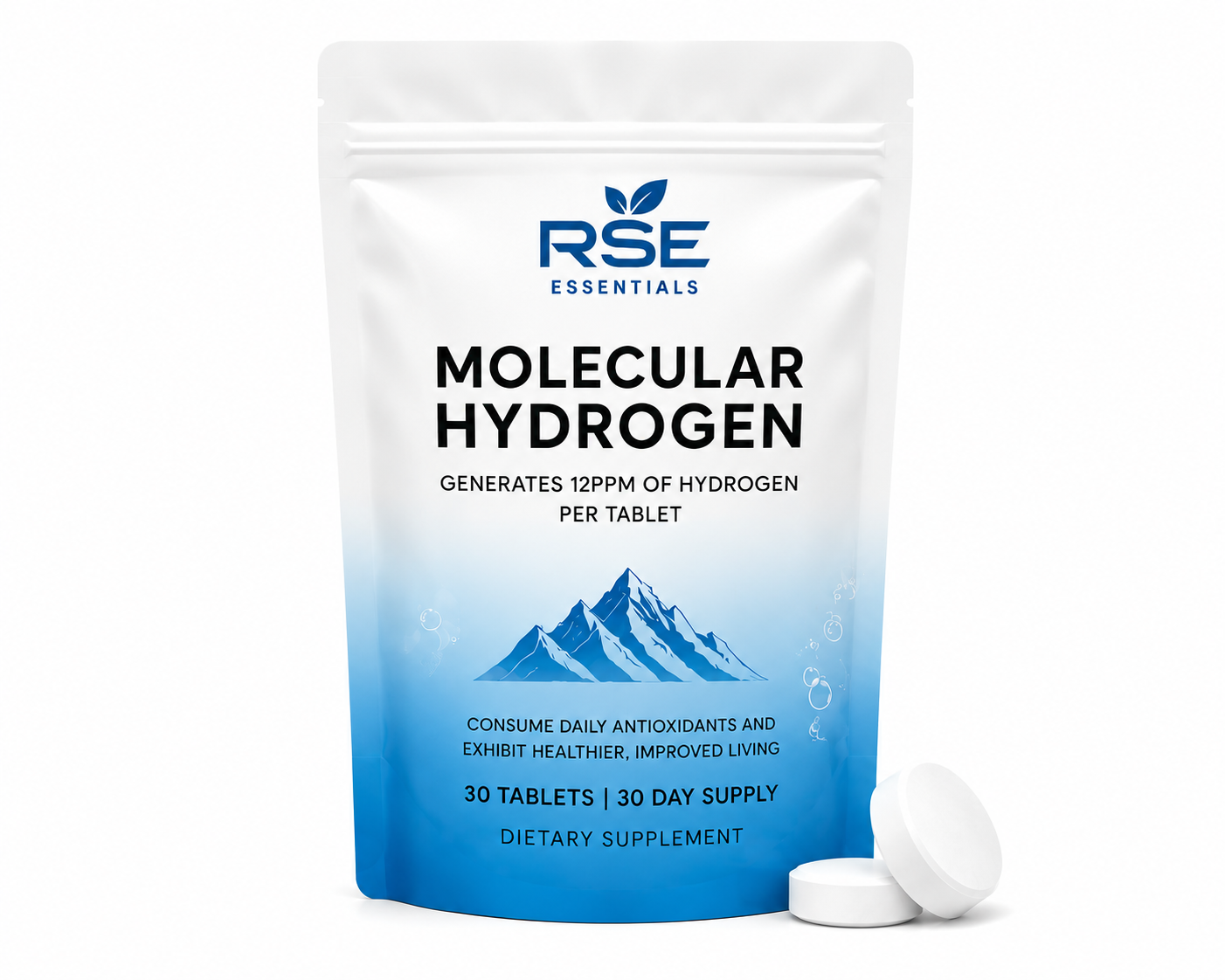 RSE Essentials Molecular Hydrogen supplement package with tablets on a white background