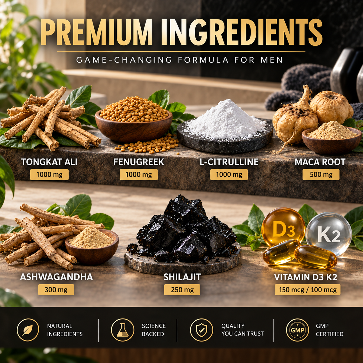 Promotional ingredient graphic for a men's supplement formula, showing labeled piles of natural ingredients including Tongkat Ali, Fenugreek, L-Citrulline, Maca Root, Ashwagandha, Shilajit, and Vitamin D3 K2 on a rustic wood surface with large text reading 'PREMIUM INGREDIENTS'.