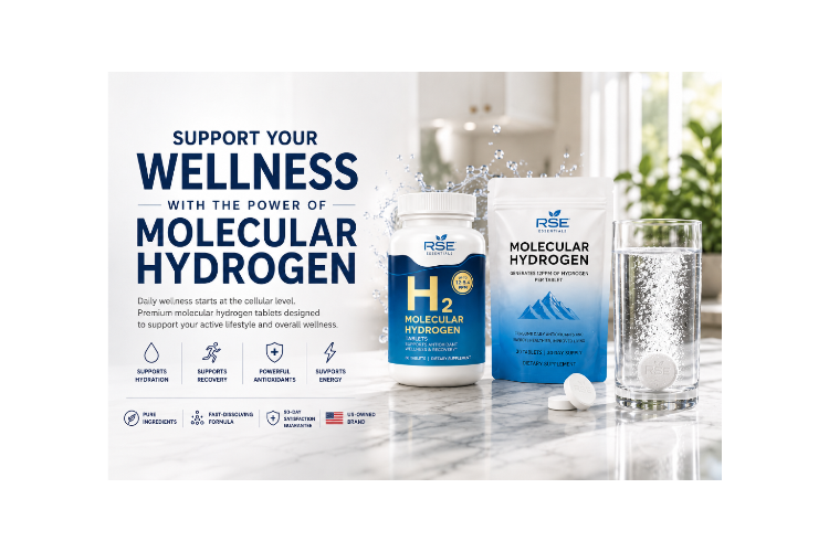 RSE Wellness Molecular Hydrogen supplement set featuring a white bottle, a blue stand-up pouch, and a glass of water on a marble countertop with wellness text and icons on the left.