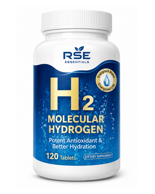 Supplement bottle labeled 'H2 Molecular Hydrogen' by RSE Essentials on a white background