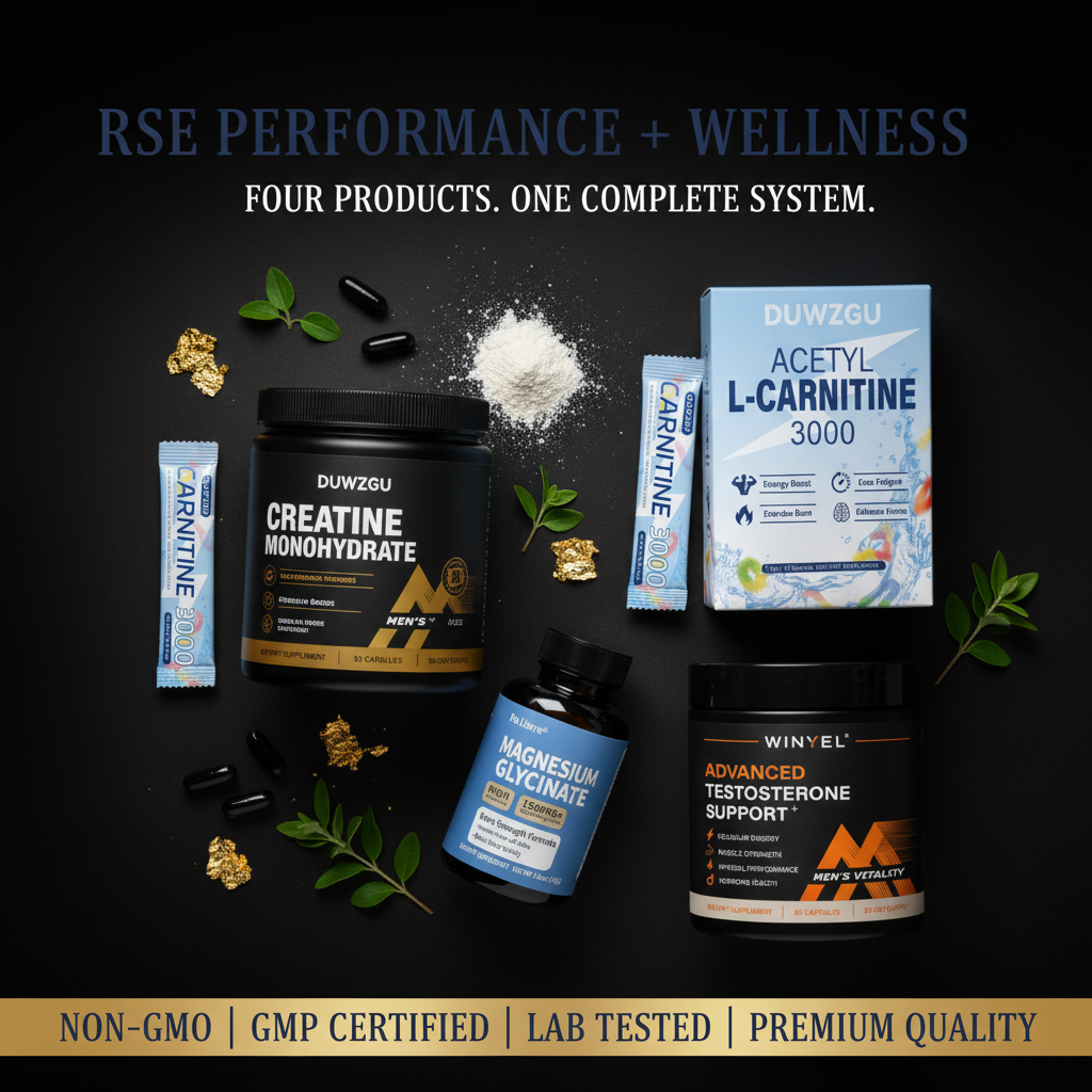 Four wellness supplement products arranged on a dark background with decorative leaves, capsules, gold flakes, and white powder. Visible products include a DUWZGU Creatine Monohydrate tub, a Win'yel Advanced Testosterone Support tub, a blue Duwzgu Acetyl L-Carnitine 3000 box, and a blue L-Carnitine stick pack.